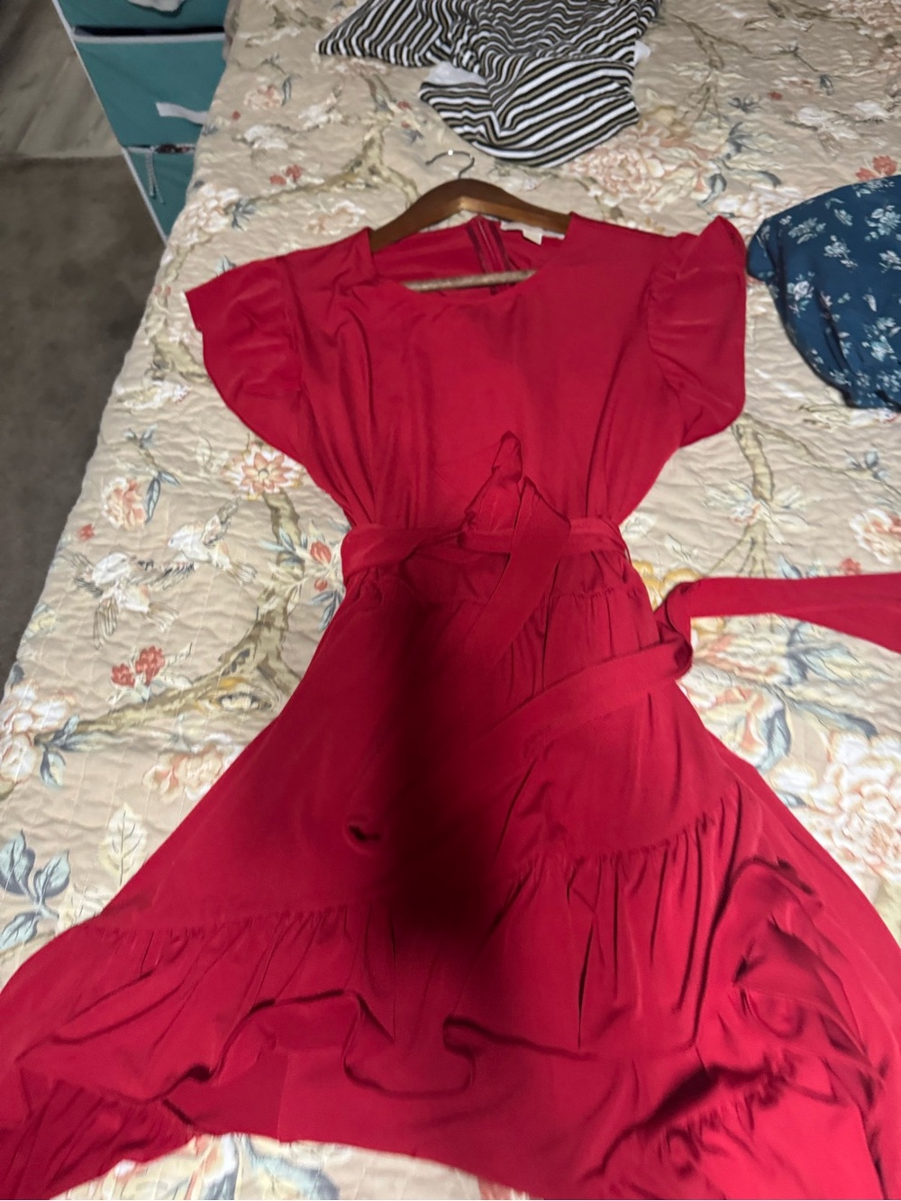 Michael Kors Bright Red Midi Wrap Dress with Flutter Sleeves